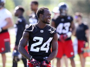 #24 Jerrell Gavins of the Ottawa Redblacks during training camp at Carleton University in Ottawa, June 01, 2016.