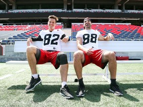 The Buds: #82 Greg Ellingson  and #88 Brad Sinopoli of the Ottawa Redblacks are best friends at TD Place in Ottawa, July 12, 2016.