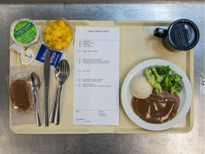 A standard dinner food tray as prepared by staff at the General campus of The Ottawa Hospital.
