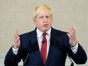 Brexit campaigner and former London mayor Boris Johnson addresses a press conference in central London on June 30, 2016.  Johnson said Thursday he will not stand to succeed Prime Minister David Cameron, as had been widely expected after Britain's vote to leave the European Union. The British pound spiked Thursday immediately after Boris Johnson said he will not stand in the Conservative leadership race.