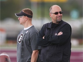 A half-dozen Redblacks representatives including GM Marcel Desjardins (r) and assistant GM Brock Sunderland, will visit all 32 NFL training camps starting at the end of this month.