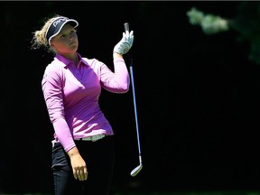 Brooke Henderson of reacts to her second shot on the ninth hole during the third round of the Cambia Portland Classic held at Coumbia Edgewater Country Club on July 2, 2016 in Portland, Oregon.