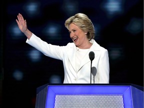 Democratic presidential candidate Hillary Clinton acknowledges the crowd after delivering a speech on the fourth day of the Democratic National Convention at the Wells Fargo Center, July 28, 2016 in Philadelphia, Pennsylvania.
