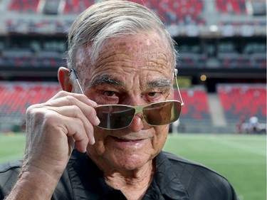 Former Ottawa Rough Rider coach George Brancato, takes in TD Place for the first time Thursday (July 21, 2016) during a Redblacks practice.  "Wow, looks great," exclaimed the multiple Grey Cup winner, now 85 years old, as he surveyed the new stadium and stands.  Julie Oliver/Postmedia
