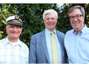 From left, Tony Manera, a former president of the CBC, with John Manley, president and CEO of the Business Council of Canada, and Mayor Jim Watson, at a Venice-themed garden party hosted by the Italian ambassador at his official residence in Gatineau on Tuesday, July 5, 2016, in support of Friends of the National Arts Centre Orchestra.