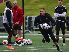 Fury FC second goalkeeper Marcel DeBellis participates in a mini match during the practice at TD Stadium on Saturday, July 9, 2016.