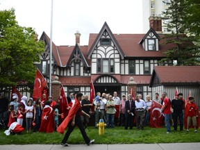 A gathering organized by the Turkish Association of Canada got together in front of the Turkish Embassy in Ottawa on Saturday, July 16, 2016 to condemn the actions of those responsible for the military coup attempt.