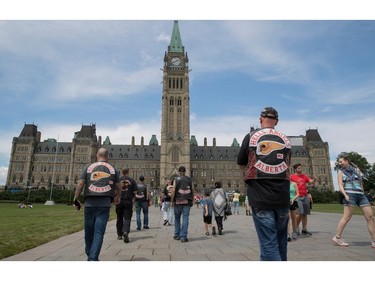 Hells Angels from Alberta pause for a photo on Parliament Hill July 23, 2016.  Ottawa Citizen Photo by Jason Ransom