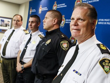 From left, Cpt. Paul Charbonneau, Surete du Quebec, Inspector Eric Simard, Service de police de la Ville de Gatineau, Ottawa Police Inspector Michel Marin, and Det. Staff Sergeant Len Isnor, Operations Coordinator, Biker Enforcement Unit Organized Crime Enforcement Bureau, Ontario Provincial Police prior to a media briefing on there plans to monitor the gathering of 500+ Hells Angels motorcycle riders in the Ottawa area from July 22-24th. Wednesday July 20, 2016.