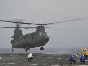 Sailors direct a Royal Canadian Air Force CH-147F Chinook helicopter, assigned to 450 Tactical Helicopter Squadron, to land aboard amphibious dock landing ship USS Pearl Harbor (LSD 52) during deck landing qualifications as part of the Southern California portion of the Rim of the Pacific 2016 Exercise. USN photo.