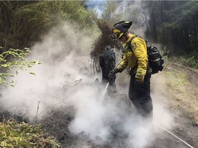 Novato Fire District firefighter Kyle Marshall sprays a spot while fighting fires in Big Sur, Calif., Friday, July 29, 2016. Lodge managers and cafe owners along California's dramatic Big Sur coast were looking Friday at a summer of jittery guests and canceled bookings after fire officials warned that crews will likely be battling a wildfire raging in steep, forested ridges just to the north for another month.