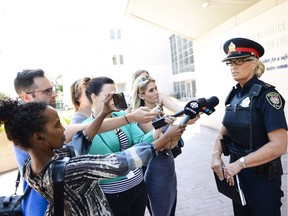 Ottawa Police duty inspector Sandra McLaren speaks with the media regarding two separate stabbing which which took place in ByWard Market over night on Sunday, July 17, 2016.