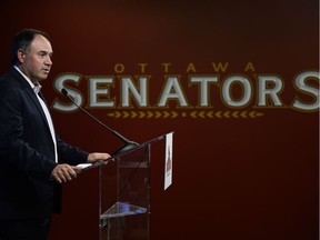 Pierre Dorion, general manager of the Ottawa Senators, speaks to the media during a press conference on Canada Day, July 1, 2016.