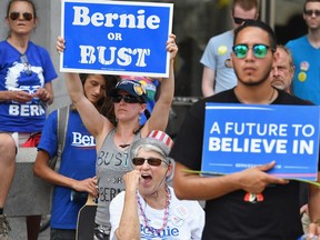 Bernie Sanders' supporters gather at Philadelphia's City Hall on the second day of the Democratic National Convention (DNC) July 26.