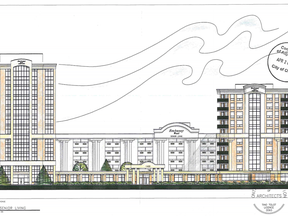A sketch of the former Embassy West hotel, with two new planned towers.