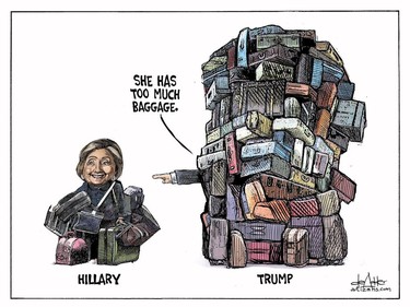 "she has too much baggage"  Hillary Trump Cartoon