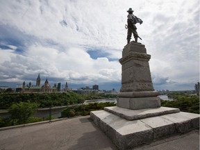 Statue of French explorer Samuel de Champlain at the peak of Nepean Point in Ottawa.
