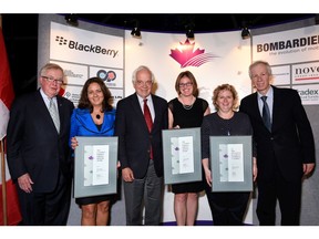 The Professional Association of Foreign Service Officers held its annual awards evening June 9 at the Shaw Centre. From left, former prime minister Joe Clark, Mona Yacoub, Citizenship Minister John McCallum, Jacqueline Kalisz, Brigitte Fournier and Foreign Minister Stéphane Dion. (Photo: Gordon King)