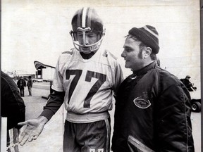 Tony Gabriel and coach George Brancato prepare for the big game.  (1976 Grey Cup)