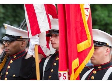 U.S. Marines colour party stands at attention.
