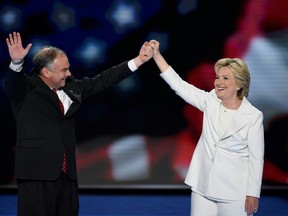 Democratic presidential nominee Hillary Clinton and running mate Tim Kaine end the fourth and final night of the Democratic National Convention.