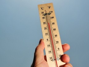 A thermometer shows hight temperature during a heatwave.