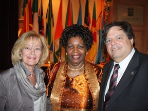 Africa Day took place at the St. Elias Centre May 27. From left: Senator Raynell Andreychuk, Zimbabwean Ambassador Florence Zano Chideya and MP Mauril Belanger. (Photo: Ulle Baum)