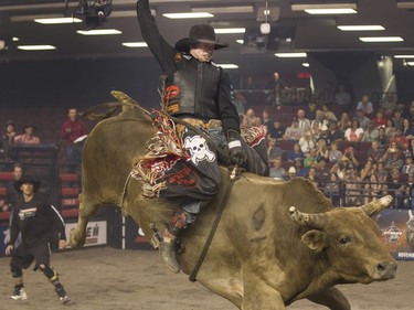Aylmer, Ont. cowboy Dusty McMullen rides Conviction at Saturday's PBR Bullriding show at TD Place Arena. (Bruce Deachman, Ottawa Citizen)