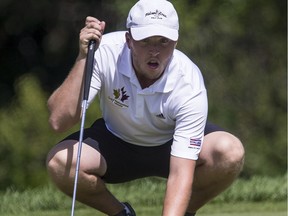 The first-round leader Blair Bursey maintains that position through the mid-point of the national men's amateur golf championship.