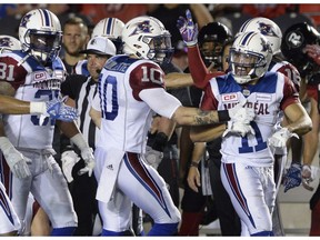 The Montreal Alouettes' Chip Cox (11) celebrates after the Als forced a turnover against the Ottawa Redblacks late in second half on Friday, Aug. 19, 2016 at TD Place stadium.