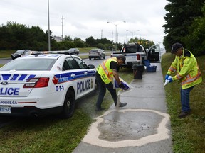 Crew from City of Ottawa's Roads Serivce clean up at the scene where one of two dogs were put down by the police near the intersection of Tenth Line Road and Charlemagne Boulevard in Orleans on Saturday.