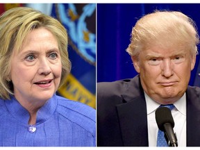 (FILES) This combination of file photos shows Democratic presidential candidate Hillary Clinton(L)on June 15, 2016 and presumptive Republican presidential nominee Donald Trump on June 13, 2016.  Hillary Clinton on July 31, 2016 sharply criticized Donald Trump over his "absolute allegiance" to Russian policy aims, saying it raised both "national security issues" and new doubts about his temperament. /