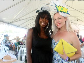 From left, bloggeres Dominique Baker from Style Domination and Katie Hession of YOW City Style, with her matching purse and fascinator, at Polo in the Park Ottawa, held at Wesley Clover Parks on Saturday, August 27, 2016.