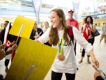 Gatineau's bronze medalist Natasha Watcham-Roy was welcomed home by friends and family at the Ottawa Macdonald–Cartier International Airport Tuesday August 23, 2016.