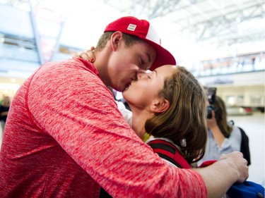 Gatineau's Bronze medalist Natasha Watcham-Roy was welcomed home with a kiss from her boyfriend Nils Pavey at the Ottawa Macdonald–Cartier International Airport Tuesday August 23, 2016.