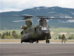 A CH-147 Chinook helicopter from 1 Wing 450 Tactical Helicopter Squadron parks at Erik Nielson Airport in Whitehorse, Yukon during Operation NANOOK on August 24, 2016.

Photo: Cpl Chase Miller, CFSU(O) - Imaging Services
SU11-2016-1061-053