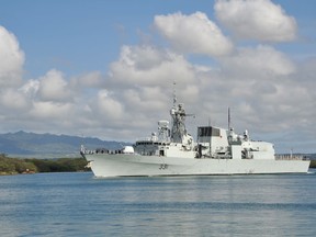 HMCS Vancouver is shown in this 2016 photo taken at Pearl Harbour. The RCN wants to outfit a Halifax-class frigate with a UAS. Photo USN.