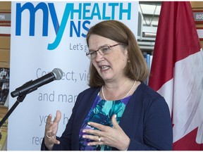 Federal Health Minister Jane Philpott addresses the crowd at the launch of MyHealthNS, an online health tool to improve access to doctors and access to care, in Halifax on Thursday, July 28, 2016. The system allows Nova Scotia patients to receive, view and manage personal health information electronically.