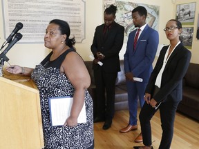 Margaret Parsons, executive director of the African Canadian Legal Clinic, speaks at the Justice for Abdirahman news conferences at City Hall on Aug. 4.