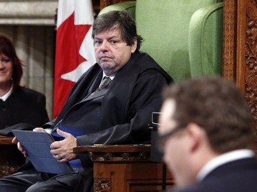 Liberal MP Mauril Belanger sits in the Speaker's Chair to preside over the House of Commons Wednesday, serving as honorary Speaker, in a tribute organized by his fellow MPs following his diagnosis with ALS last November, in Ottawa Wednesday March 9, 2016.