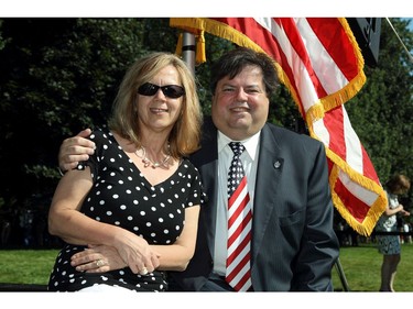 Catherine Bélanger (L) with her husband, Hon. Mauril Bélanger (R), MP, during the annual Fourth of July Independence Day celebration, held at the U.S. Ambassador's residence, on July 4,  2010.