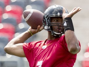 Ottawa Redbalcks' QB, Henry Burris, throws the ball during practice at TD Place Arena Thursday August 04, 2016.