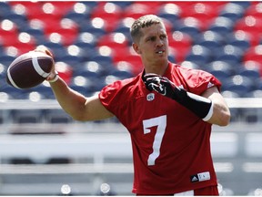 Ottawa Redblacks' QB, Trevor Harris, looks for a receiver during practice at TD Arena Wednesday July 06, 2016.