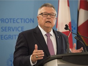 Minister of Public Safety and Emergency Preparedness Ralph Goodale makes a funding announcement during a visit to an immigrant holding centre in Laval, Que., Monday, August 15, 2016. Immigration holding facilities in Vancouver and Laval, Que., will be replaced as part of a $138-million overhaul intended to improve detention conditions for newcomers to Canada.
