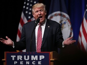 Republican presidential nominee Donald Trump speaks during a campaign event at Briar Woods High School August 2, 2016 in Ashburn, Virginia.