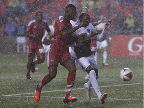 The Ottawa Fury FC takes on the Jacksonville Armada FC in the pouring rain at TD Place on Aug. 13, 2016.