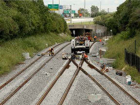 Track for the new LRT line being laid near Belfast Road at Tremblay.