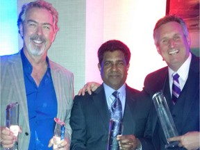 Ottawa housing industry veterans came up big winners at the annual Awards of Distinction put on by the Ontario Home Builders' Association Sept. 21, 2016. Pictured left to right are Friedemann Weinhardt of Design First Interiors, Roy Nandram of RND Construction and Steve Barkhouse of Amsted Design-Build. Photo courtesy RND Construction.