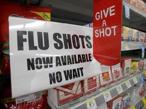 FILE - In this Sept. 16, 2014 file photo, a sign telling customers that they can get a flu shot in a Walgreen store is seen in Indianapolis. Kids may get more of a sting from flu vaccination this fall: Doctors are gearing up to give shots only, because U.S. health officials say the easy-to-use nasal spray version of the vaccine isn&#039;t working as well as a jab. Needle-phobic adults still have some less painful options. But FluMist, with its squirt into each nostril, was the only ouch-free alternat