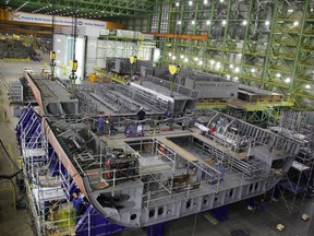 ***PHOTOS SUPPLIED BY IRVING SHIPBUILDING INC.***
The second keel unit of the first Arctic Offshore Patrol Ship (AOPS) lowered into place alongside the first keel unit at Irving Shipbuildingís Halifax Shipyard.